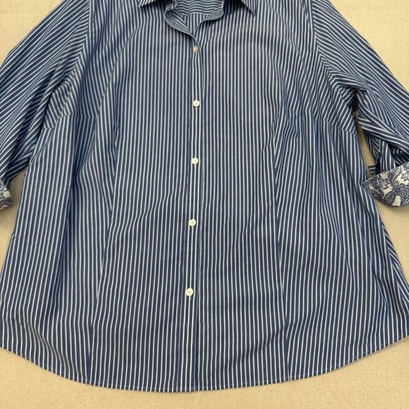Talbots Blue & White Pin Striped Button Blouse Shirt Floral Flip Cuff 24W - Picture 4 of 14